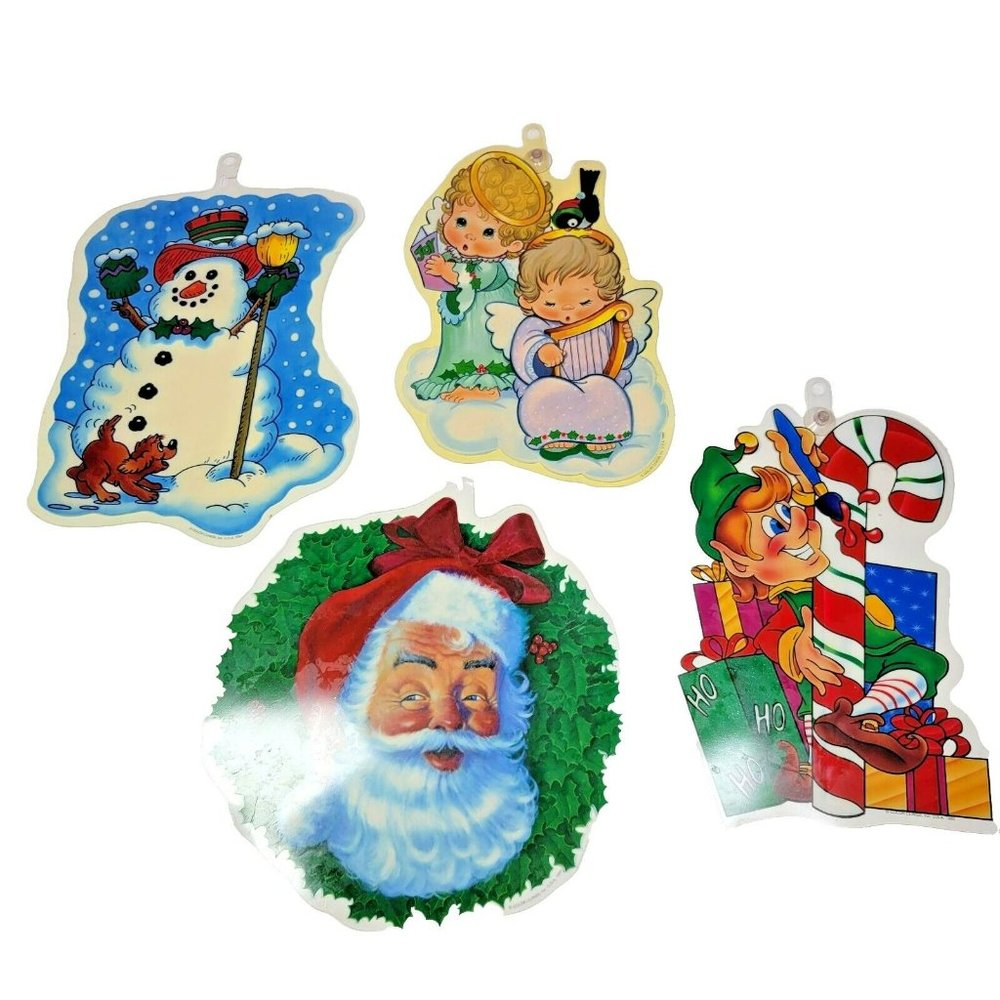 Lot of 4 Vintage 10" Christmas Color Clings 1994-1995 Santa Elf Angels Snowman